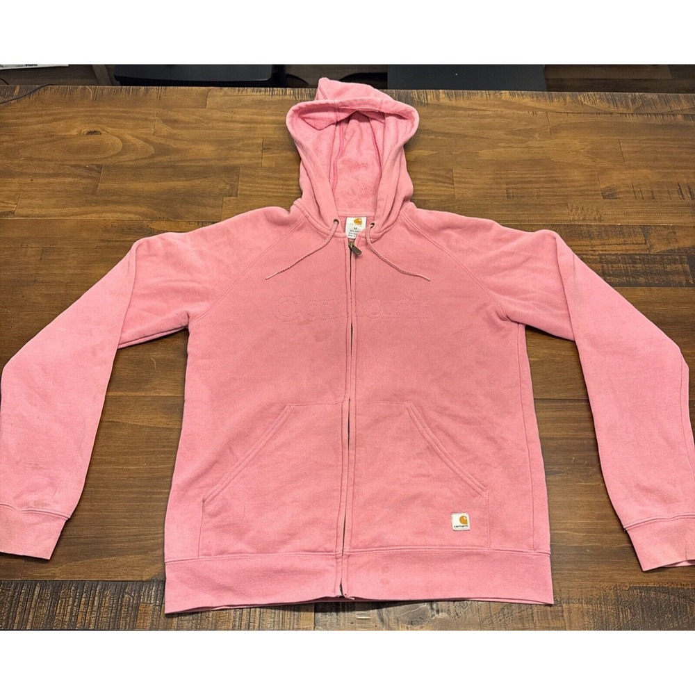 Carhartt Full Zip Hoodie Women's M Pink Sweatshirt Spell Out Work Solid *SPOTS